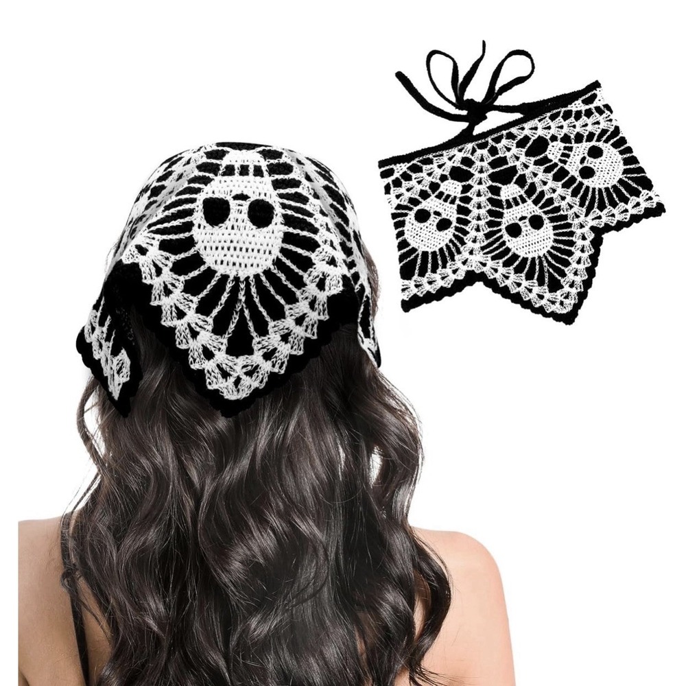 Black & White Skull Crochet Bandana - Alt Goth Style Knitted Headscarf Hair Wrap